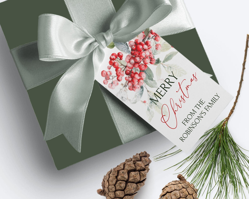 Merry Christmas Gift Tags | 2 Sizes | Red Berry Holiday Tags