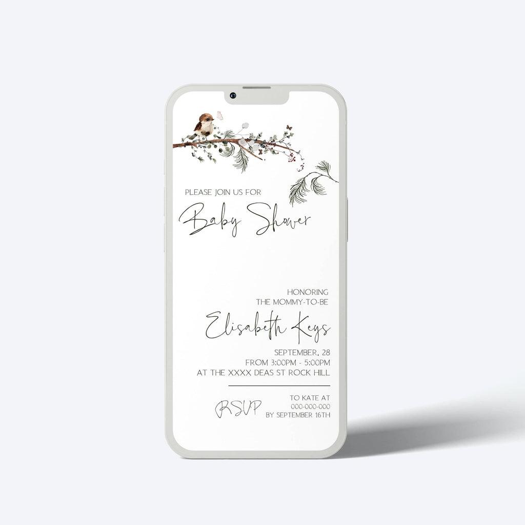 Woodland Baby Shower Evite | Winter Greenery | Mobile E-Invitation
