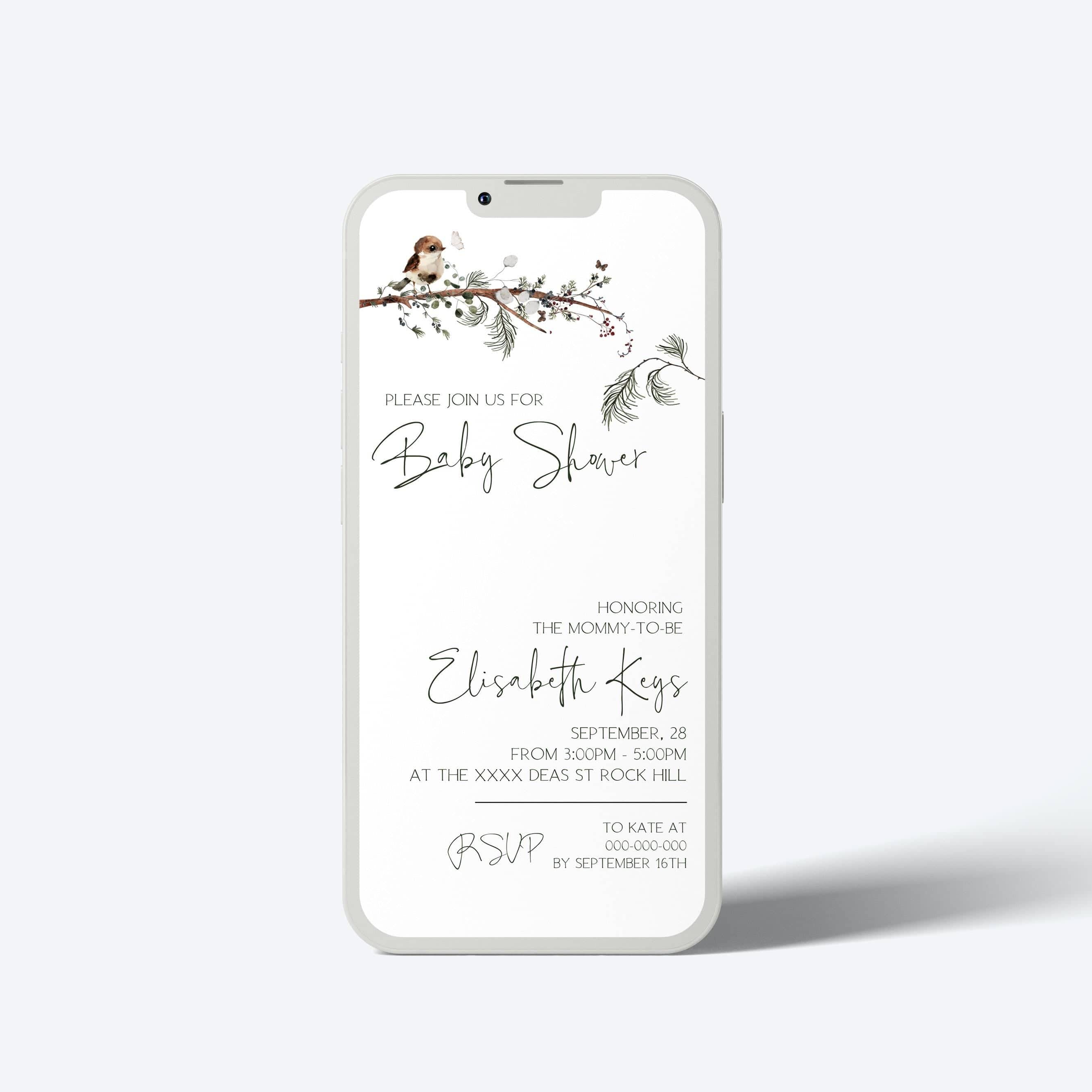 Woodland Baby Shower Evite | Winter Greenery | Mobile E-Invitation