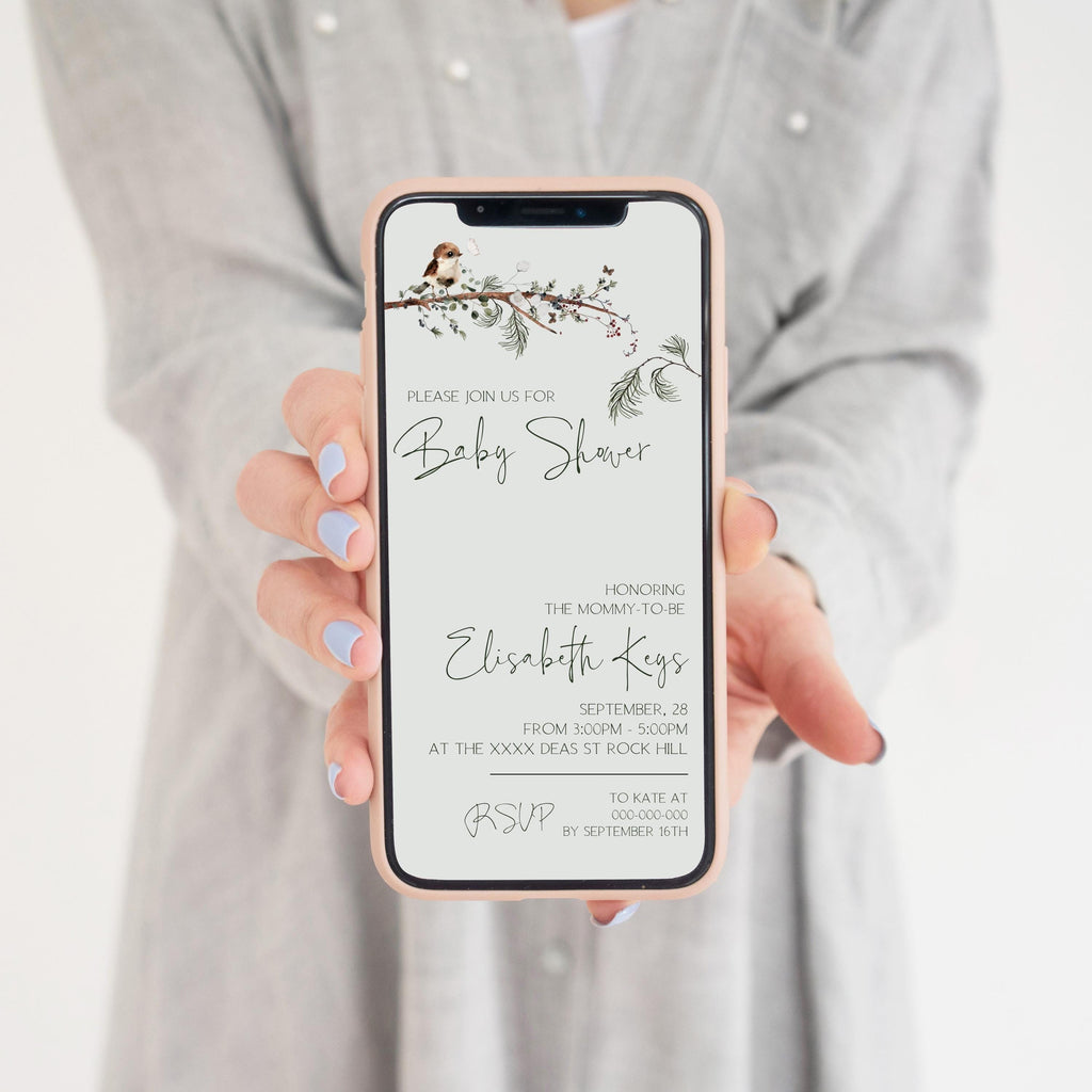 Woodland Baby Shower Evite | Winter Greenery | Mobile E-Invitation