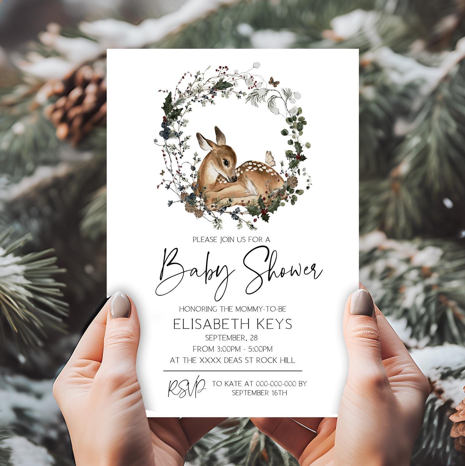 Woodland Baby Shower Invite | 3 Sizes | DIY Christmas Baby Shower Décor
