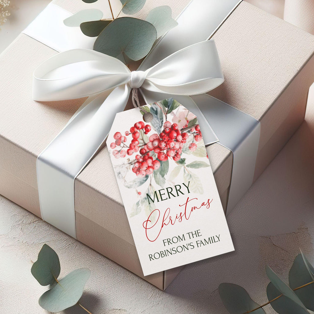 Merry Christmas Gift Tags | 2 Sizes | Red Berry Holiday Tags