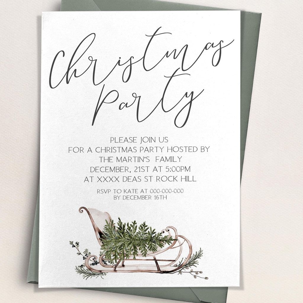 Winter Sleigh Christmas Party Card | 3 Sizes | Personalized Invitations