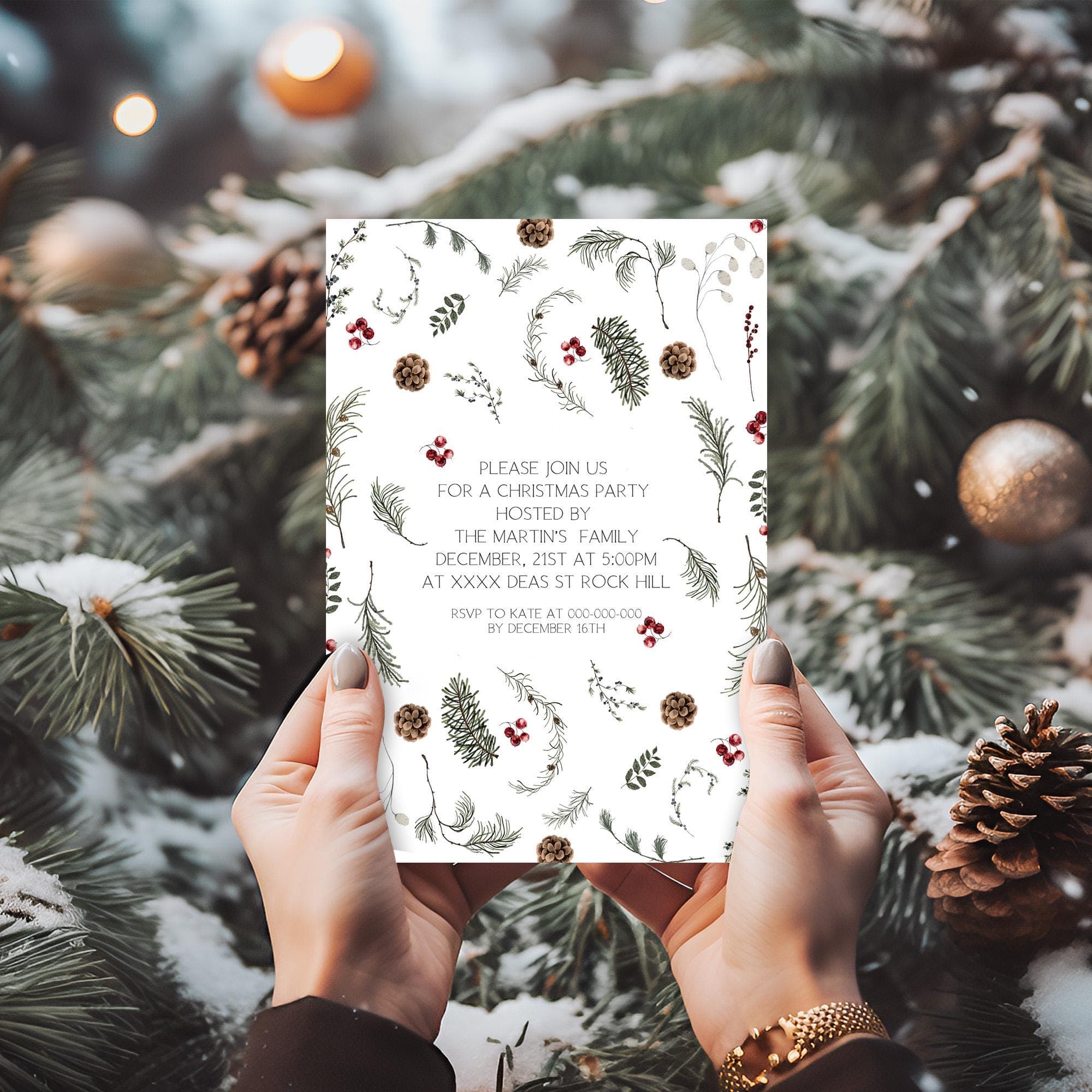 Festive Winter Sprigs Invitation | 3 Sizes | DIY Christmas Party Invite