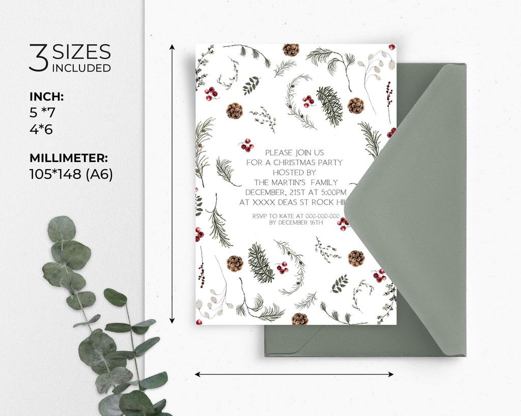 Festive Winter Sprigs Invitation | 3 Sizes | DIY Christmas Party Invite