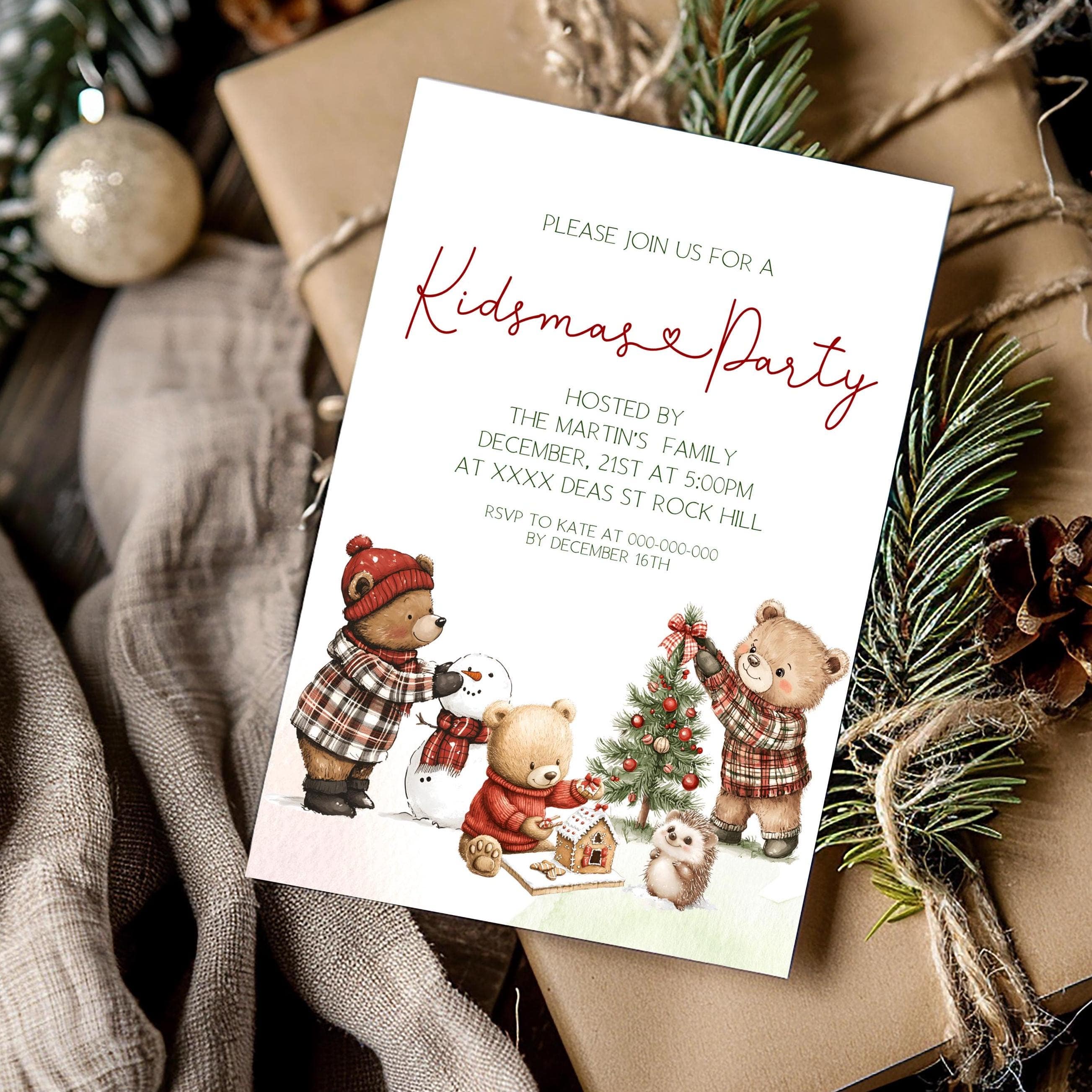Kidsmas Party Invitations | Teddy Bear Invitations | Kids Holiday Party