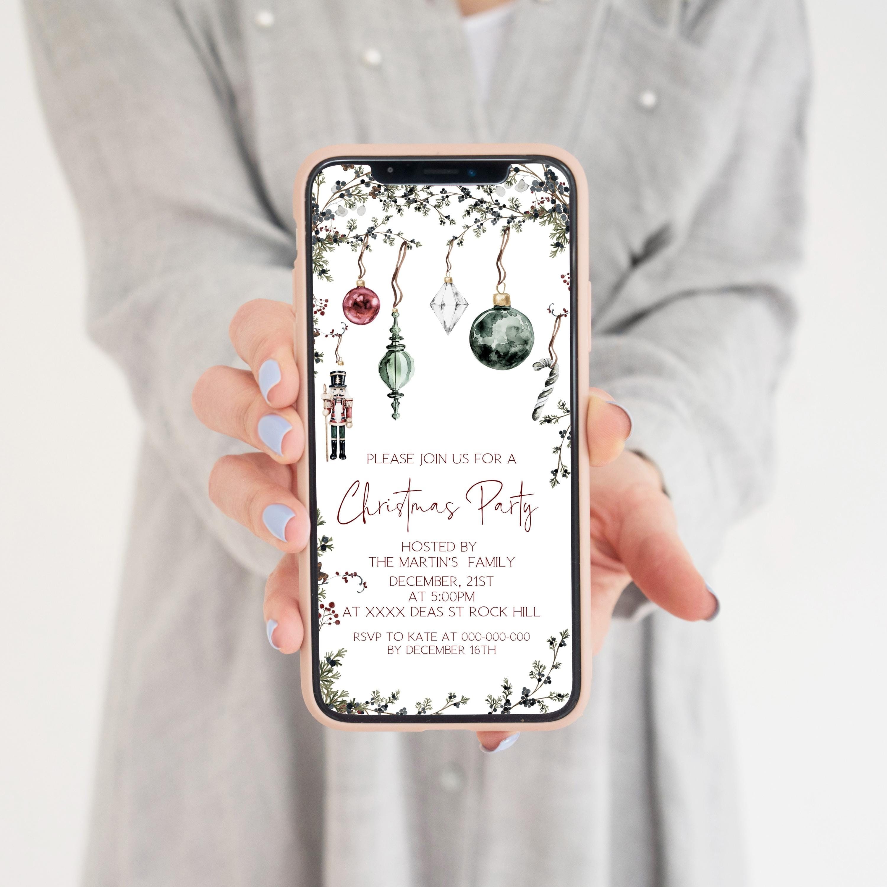 Festive Holiday Phone Evite | Xmas Party Mobile Announcement
