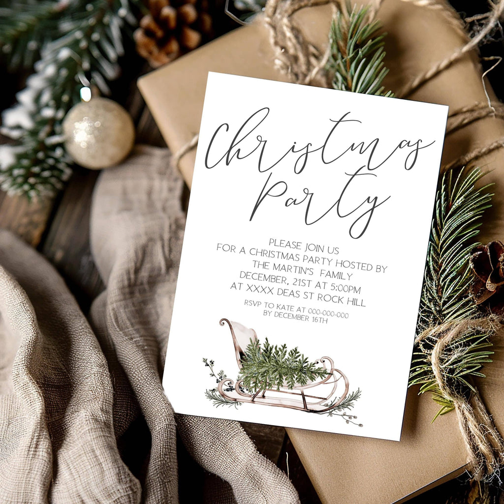 Winter Sleigh Christmas Party Card | 3 Sizes | Personalized Invitations
