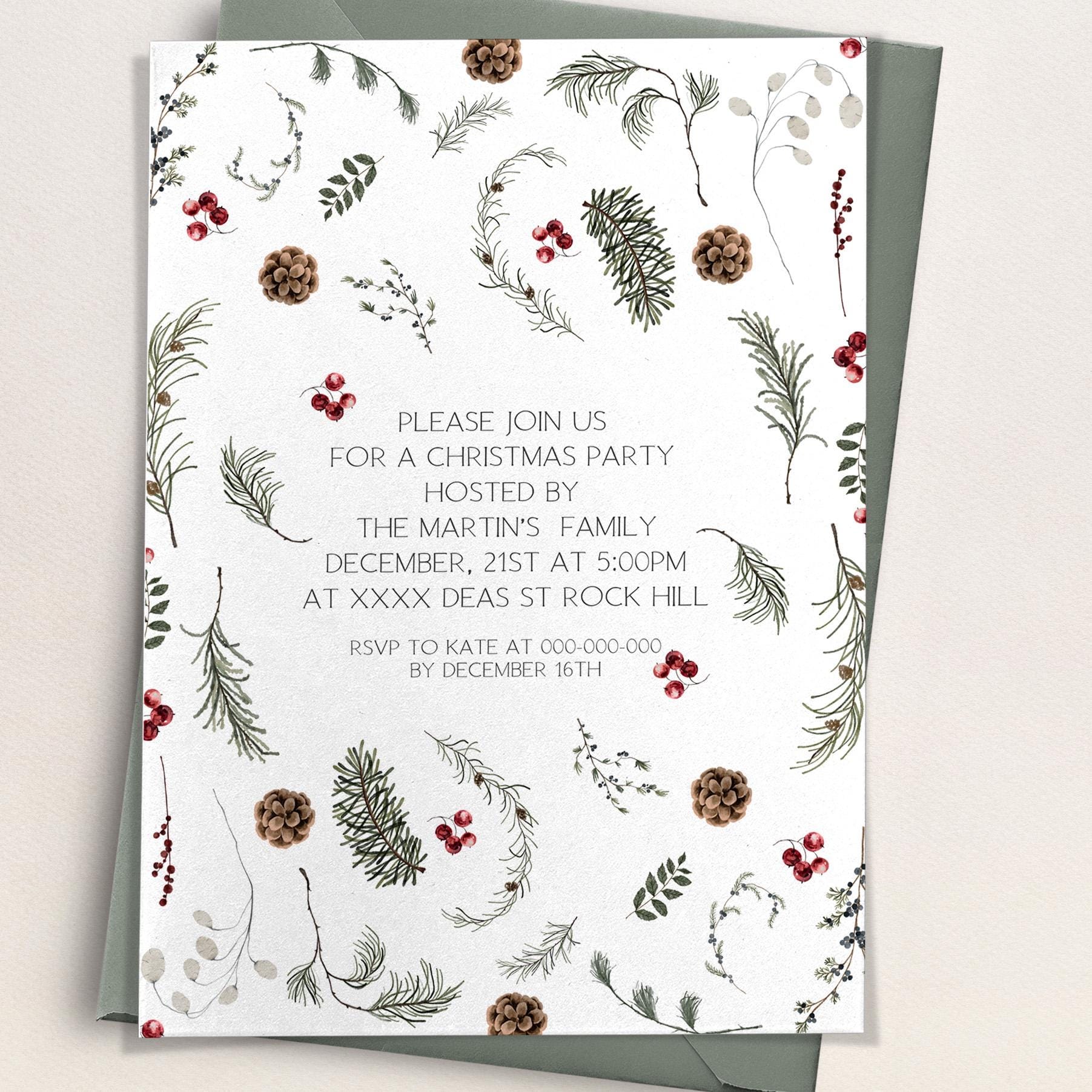 Festive Winter Sprigs Invitation | 3 Sizes | DIY Christmas Party Invite